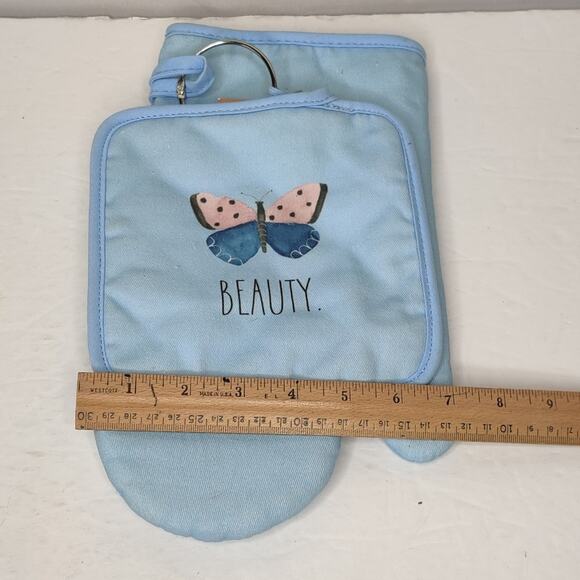 Rae Dunn Happy Easter Blue Kitchen Oven Mitt and Potholder Pink Butterflies - Picture 7 of 11